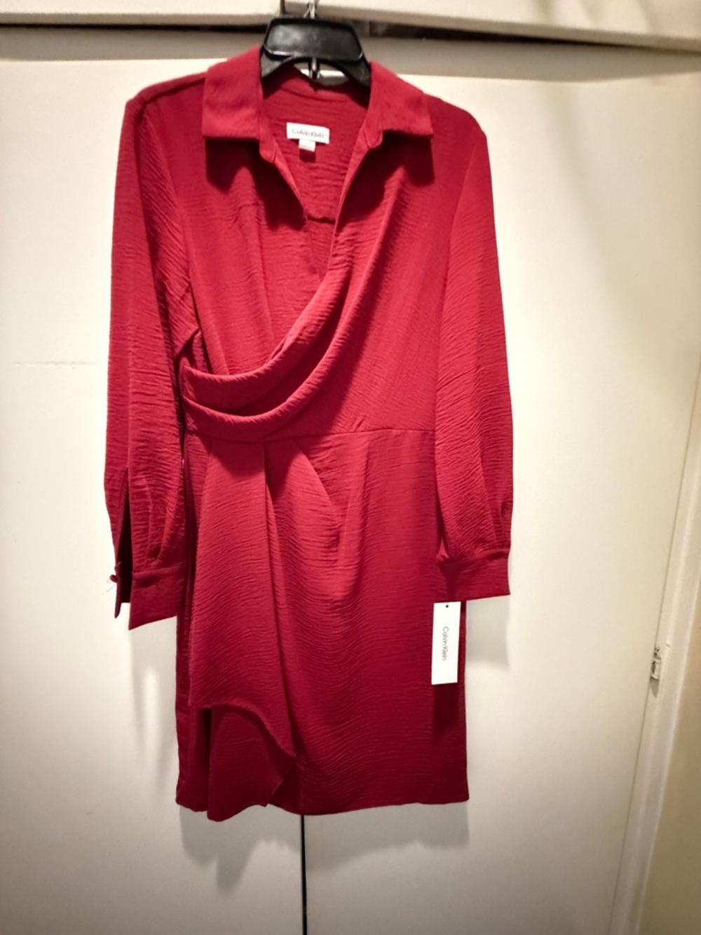 Calvin Klein Crimson Red Draped Collar Tunic Dress
